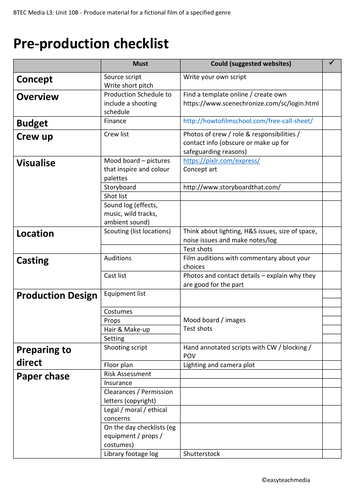 Moving Image Pre-Production Checklist