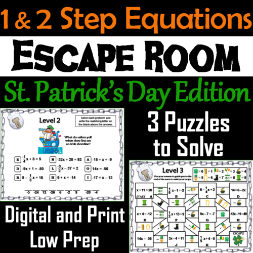 Solving One and Two Step Equations: Escape Room St. Patrick's Day Math Activity