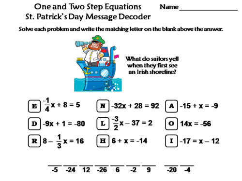 Solving One and Two Step Equations St Patricks Day Math Activity Message Decoder