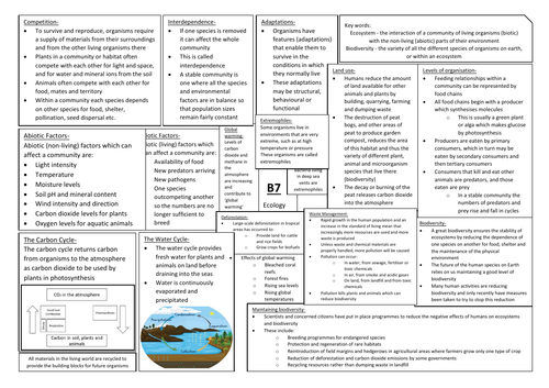 AQA GCSE Biology (9-1) B7 Double Science Revision Summary Sheets