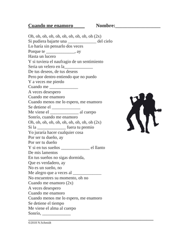 Spanish Song Cloze Activity: Enrique Iglesias: Cuando me enamoro (Imperfect Subjunctive)