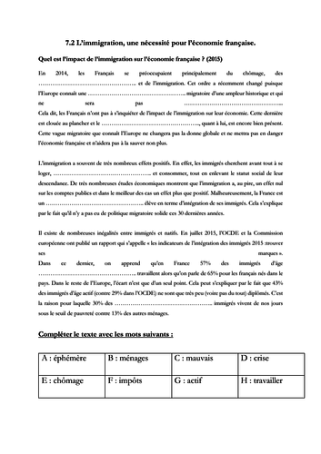 French - New A Level - Immigration - impact France - Reading (exam style style question, etc.)