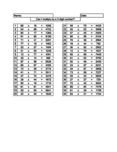 Multiplying by 2-digit numbers (40 questions)