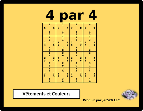 Vêtements et Couleurs (Clothing and Colors in French) 4 by 4