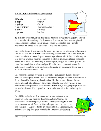 Arabic Influence on Spanish Reading + Worksheet: Influencia árabe en español