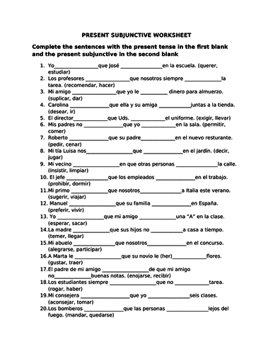 Present Subjunctive In Spanish Worksheets