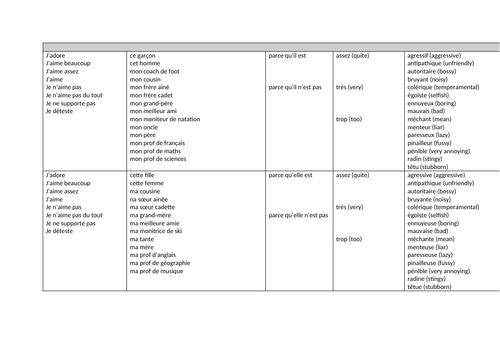 KS3/4 French - Why I don't get along with my family