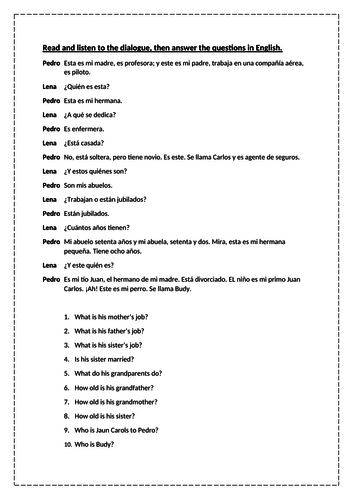 KS3 Spanish beginners family and jobs powerpoint listening and worksheet