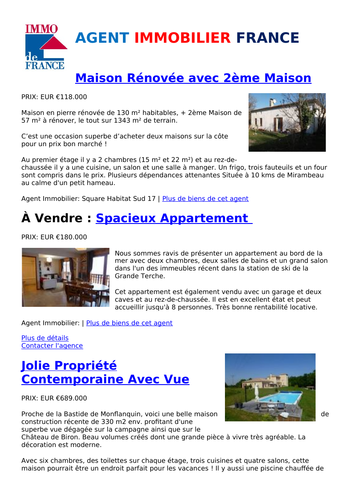 Houses for Sale: French Estate Agent Reading Comp