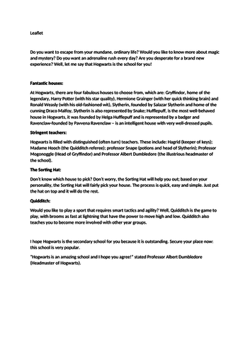 Hogwarts Leaflet WAGOLL