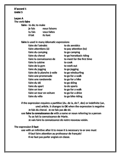 D'accord 1 Unité 5 Study Guide