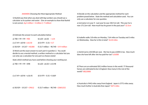 Year 7 Mastery - Selecting the Most Appropriate Method (Addition and Subtraction Problems)