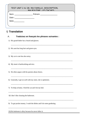 TEST module 2.A, 2.B FAMILLE DESCRIPTION ROUTINE CHORES