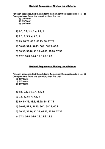 decimal sequences finding the nth term teaching resources