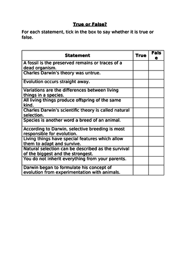 Evolution and Inheritance - True or False