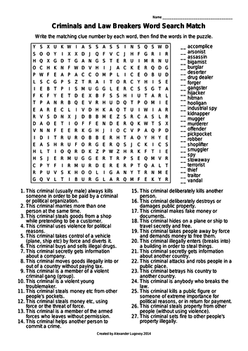 Criminals and Law Breakers Word Search Match