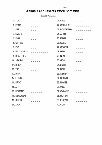 Animals and Insects Word Scramble