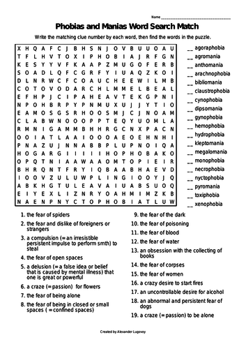 Phobias and Manias Word Search