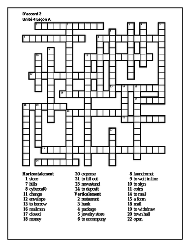 D #39 accord 2 Unité 4 Leçon A Crossword Teaching Resources