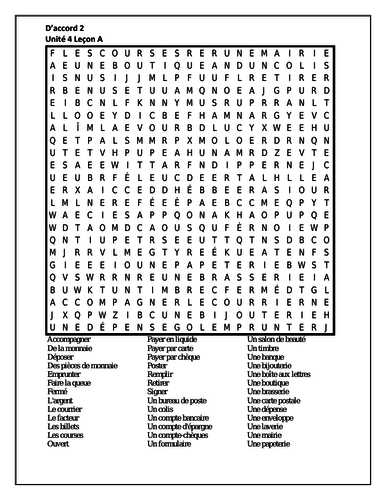 D'accord 2 Unité 4 Leçon A Wordsearch