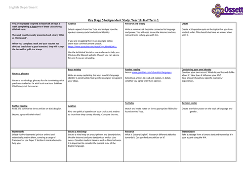 English Language KS5 Independent Study tasks. 3 half terms.