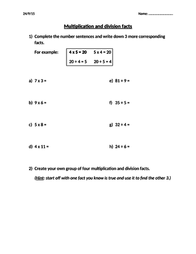 Multiplication and Division Facts Worksheet