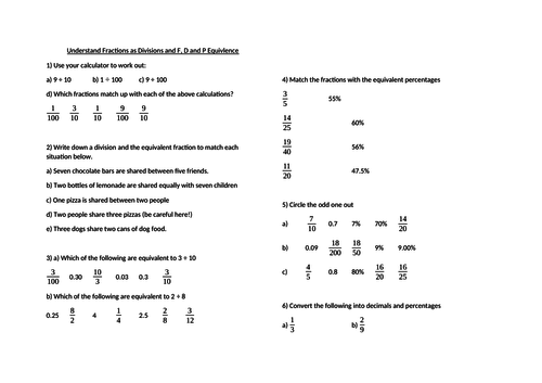 Year 7 Mastery - Understand Fractions as Division, F, D and P Equivalence