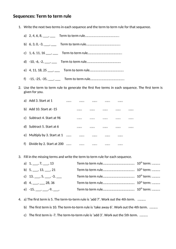 Sequences term to term rule with ANSWERS