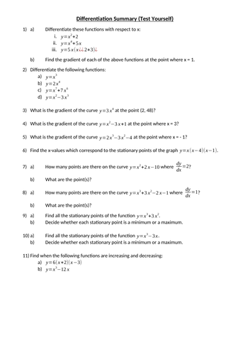 Differentiation worksheet - test yourself