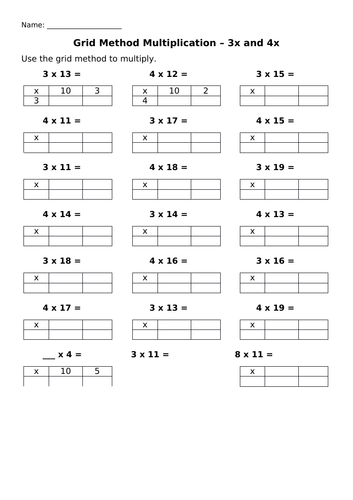 Grid Multiplication Worksheets - 3x and 4x