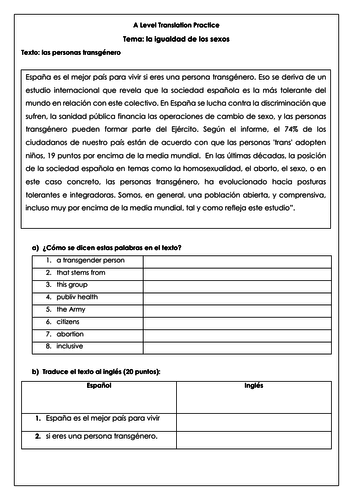 Spanish A Level las personas transgénero: translations on transgender people & equality with answers