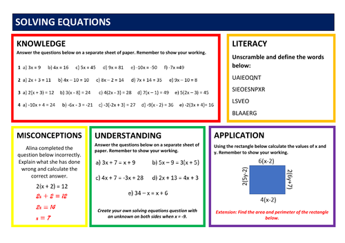 Solving Equations Differentiated Learning Mat Worksheet with Solutions