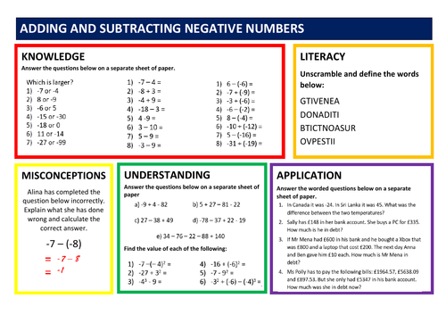 Adding and  Subtracting Negative Numbers Differentiated  Learning Mat Worksheet