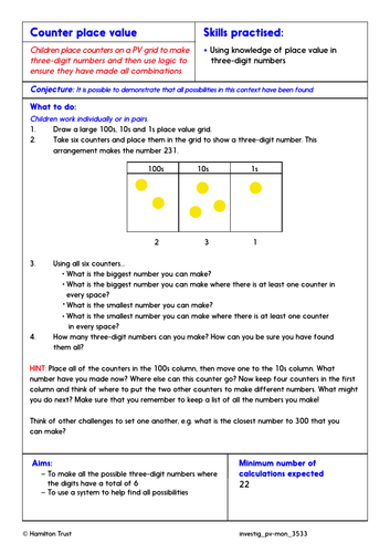Partition 3-digit numbers; place on a line - Problem-Solving Investigation - Year 3