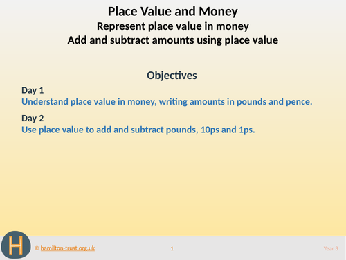 PV in money; add/subtract amounts - Teaching Presentation - Year 3