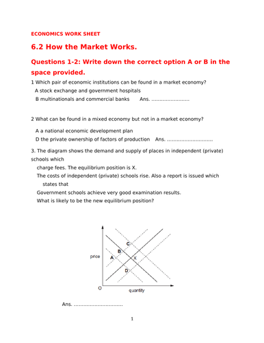 igcse economics worksheet how the market works teaching resources