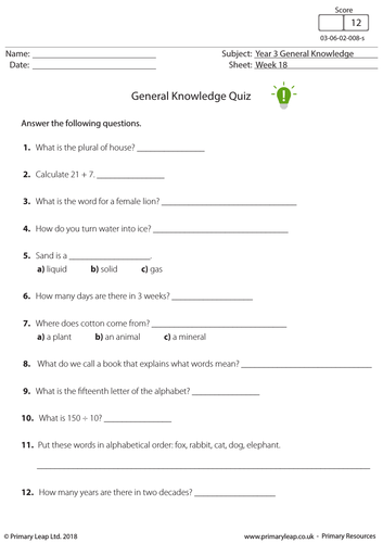 Ks2 General Knowledge Quiz 8 Teaching Resources