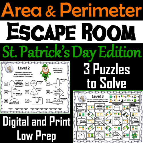 Area and Perimeter Game: Geometry Escape Room St. Patrick's Day Math Activity