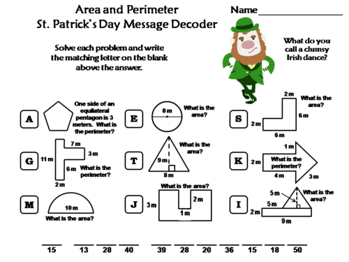 Area and Perimeter St. Patrick's Day Math Activity: Message Decoder