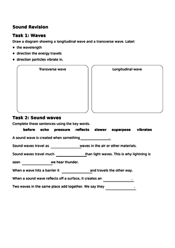 Ks3 Sound revision worksheet/mat