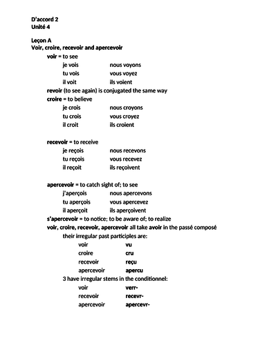 D'accord 2 Unité 4 Study Guide