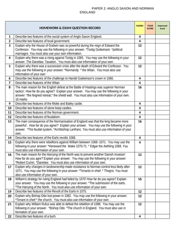 Edexcel Anglo Saxon and Norman England exam question homework  record sheet