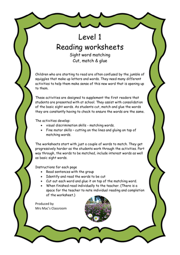 Reading Worksheets-Level 1 -cut & match