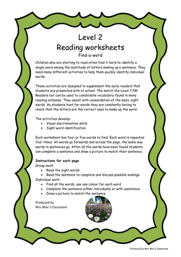 Reading Worksheets-Level 2 Find-a-word