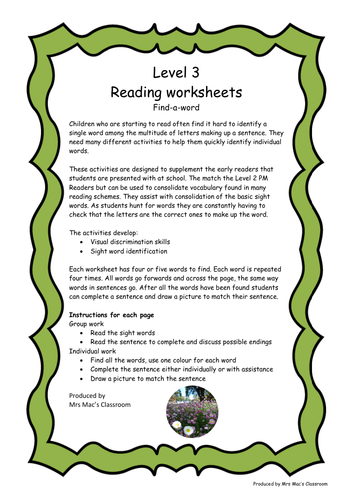 reading worksheets level 3 find a word teaching resources