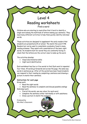 reading worksheets level 4 find a word teaching resources