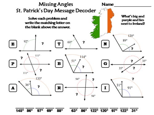 Missing Angles St. Patrick's Day Math Activity: Message Decoder