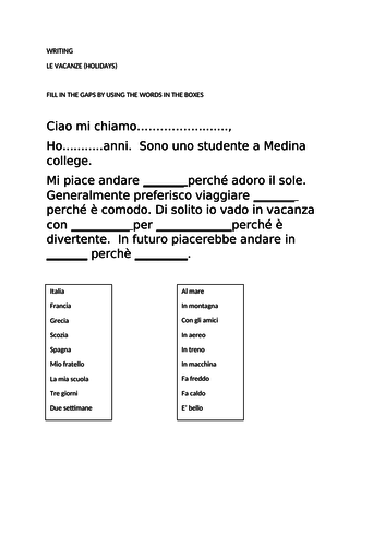 Holidays writing plan KS3 lover level