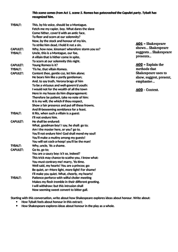 AQA GCSE Eng Lit Paper 1 Shakespeare "Romeo and Juliet" exam practice extract honour