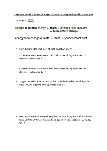 equation practice for density, specific and latent heat (foundation) with answers